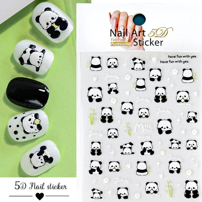 Blushimmer 1Pcs 5D panda nail sticker with adorable cartoon rabbit, flower, and animal designs for cute Y2K manicure decor.
