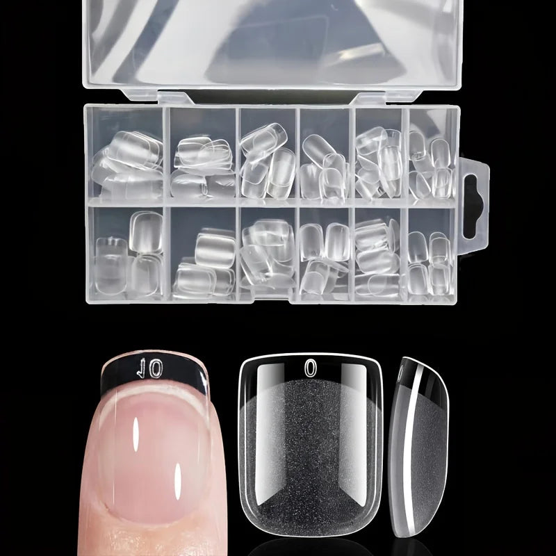 Blushimmer 120-piece full cover press-on nail tips in stiletto, almond, square, and coffin shapes for gel nail extensions.