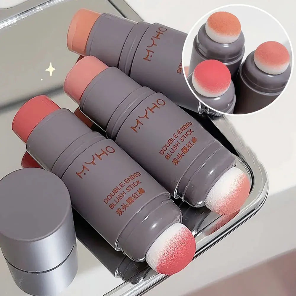 Blushimmer double-ended blush stick with natural, long-lasting matte cream formula in soft pink and coral shades.