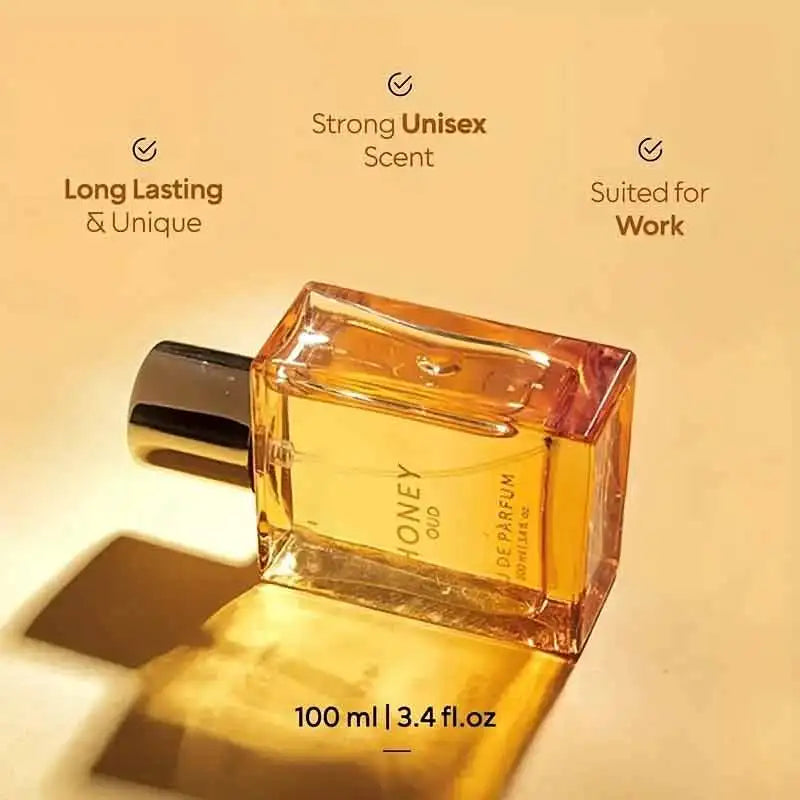 BellaVita Honey OUD unisex perfume by Blushimmer in 100ml bottle featuring vanilla, bergamot, and patchouli notes.