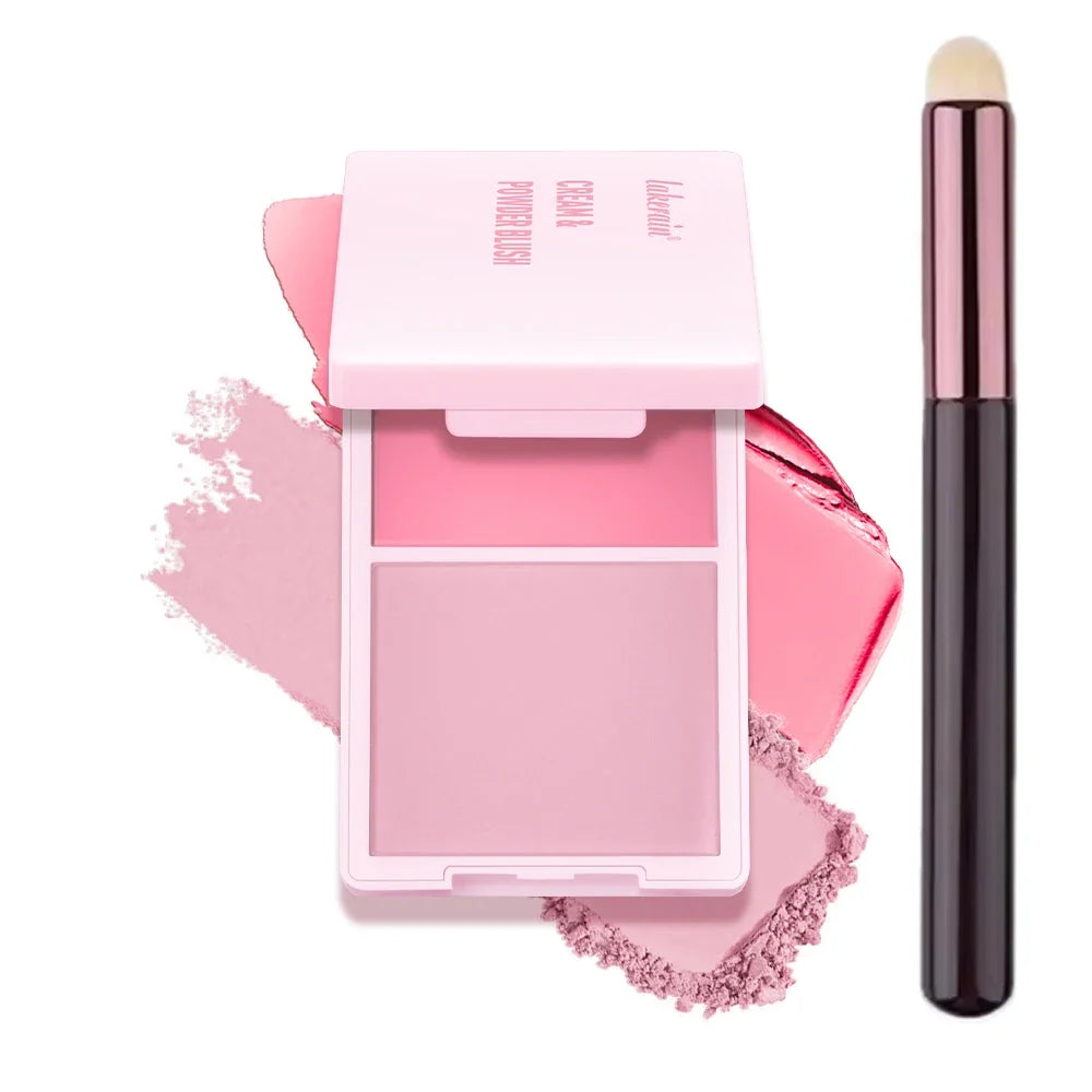 Blushimmer Juvia's Cream Powder Matte Blush Duo with natural pink and rose shades, long-lasting, high pigment, on a makeup palette.