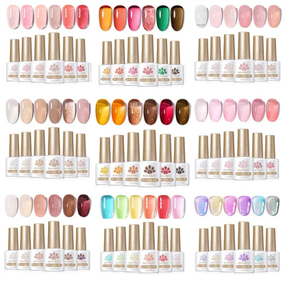Six bottles of Blushimmer Born Pretty crystal amber gel nail polish set in jelly pink and nude for winter semi-permanent UV and LED manicures.