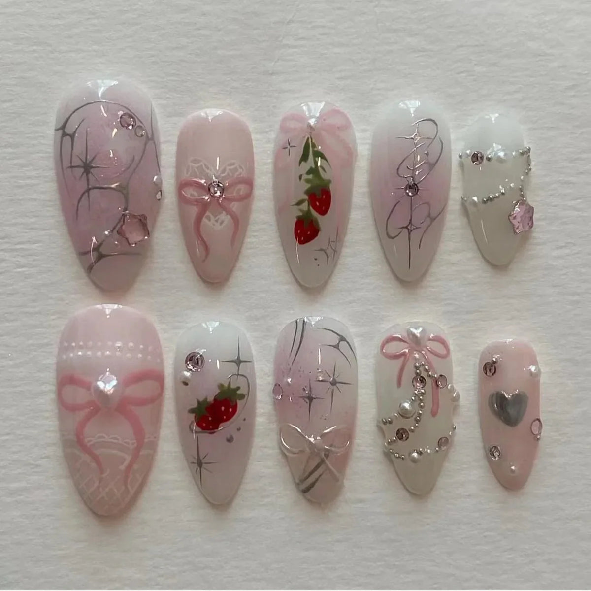 Set of 24 Blushimmer wine red almond press-on nails with cartoon rabbit, bowknot, plaid, pearl designs, and French style for girls