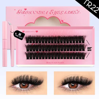 Blushimmer GROINNEYA DIY Eyelash Extension Kit with mixed eyelash clusters, lash bond, seal, and tweezers on a white background.