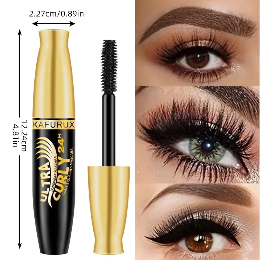 Black lengthening waterproof mascara by Blushimmer with a long-wearing formula, shown in a sleek tube with a curved brush applicator.