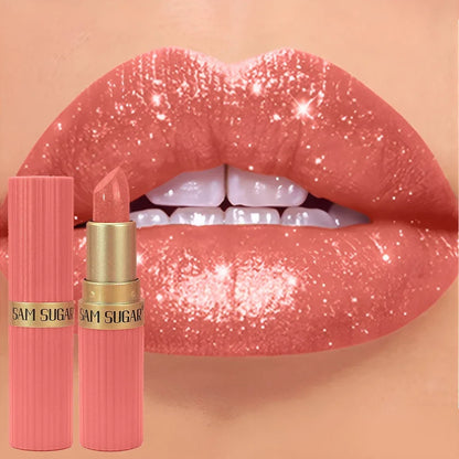 Blushimmer chocolate brown metallic glitter lipstick with long-lasting, waterproof, shimmering pearl finish, shown in a sleek tube.