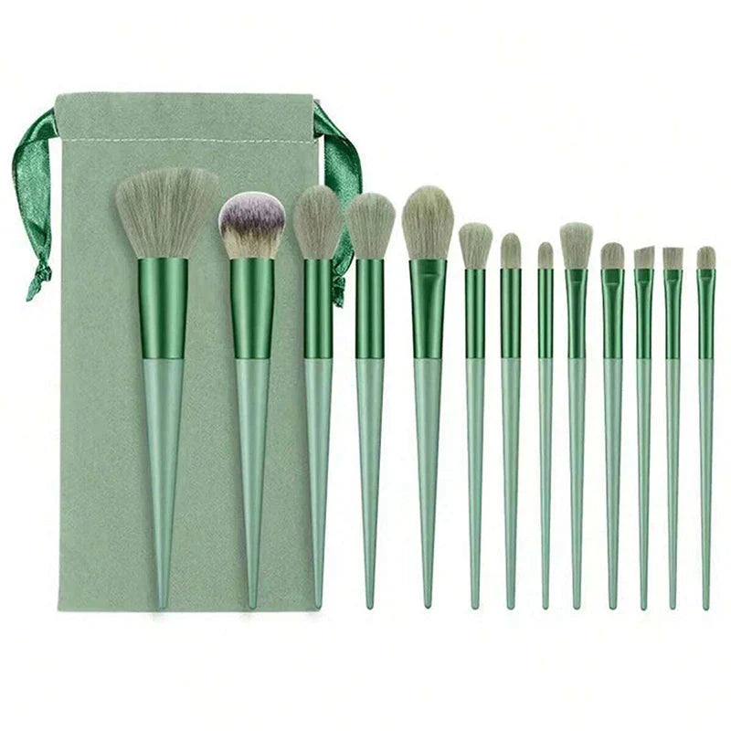 Set of 13 Blushimmer makeup brushes including eyeshadow, foundation, blush, and beauty tools in a soft makeup bag.