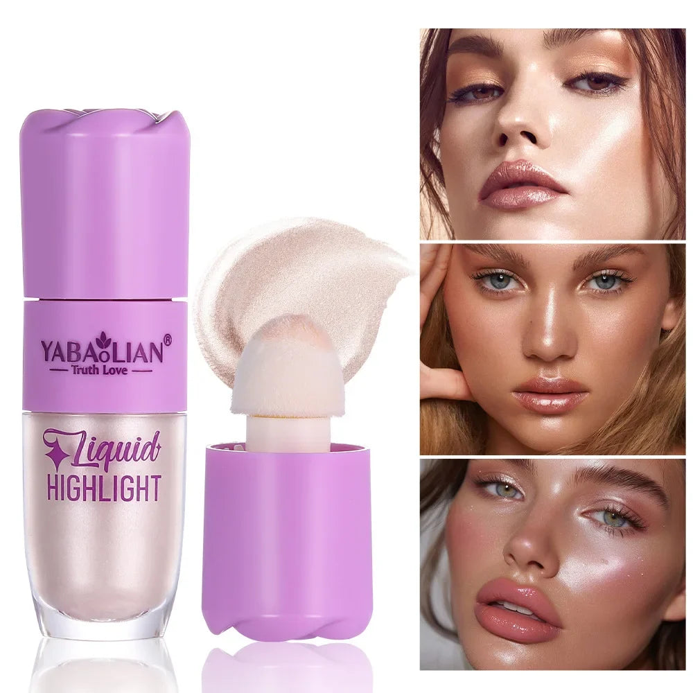 Blushimmer liquid face highlighter and bronzer in three colors, with shimmer and contouring for luminous makeup look.