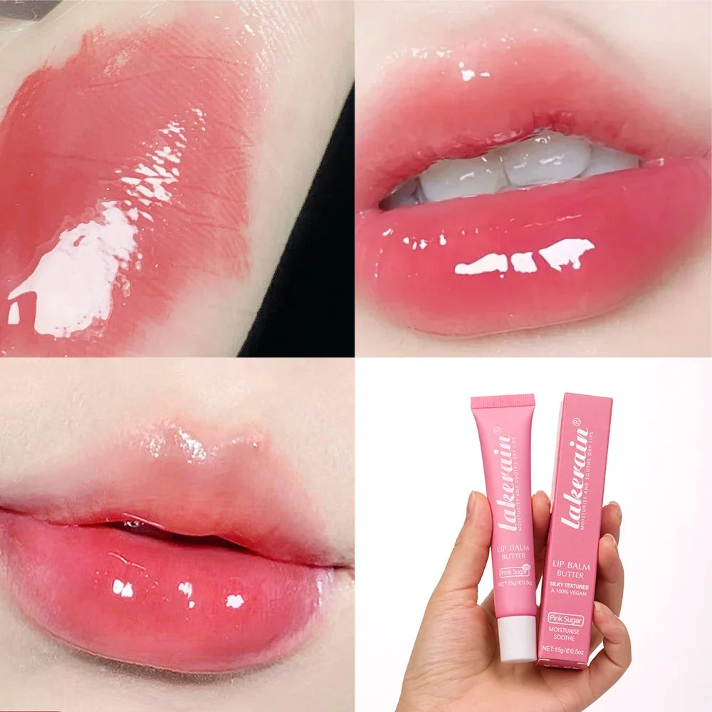 Blushimmer crystal lip balm and gloss set with moisturizing lip oil, jelly, and liquid lipstick in cherry pink and brown sugar shades.
