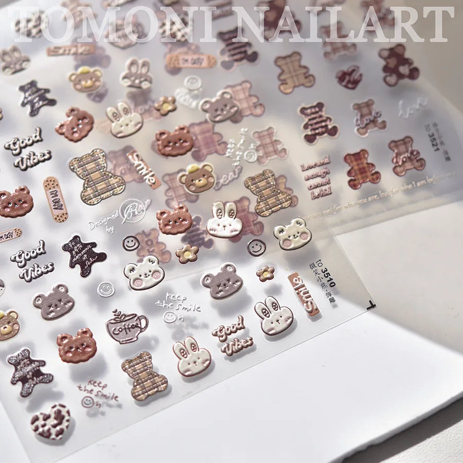Brown 5D Japanese Kawaii Bear nail art sticker by Blushimmer, self-adhesive cartoon animal decal for DIY nail decoration.
