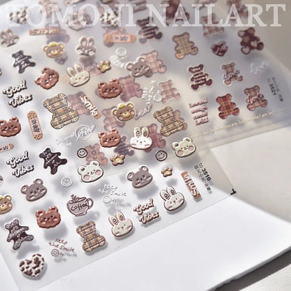 Brown 5D Japanese Kawaii Bear nail art sticker by Blushimmer, self-adhesive cartoon animal decal for DIY nail decoration.