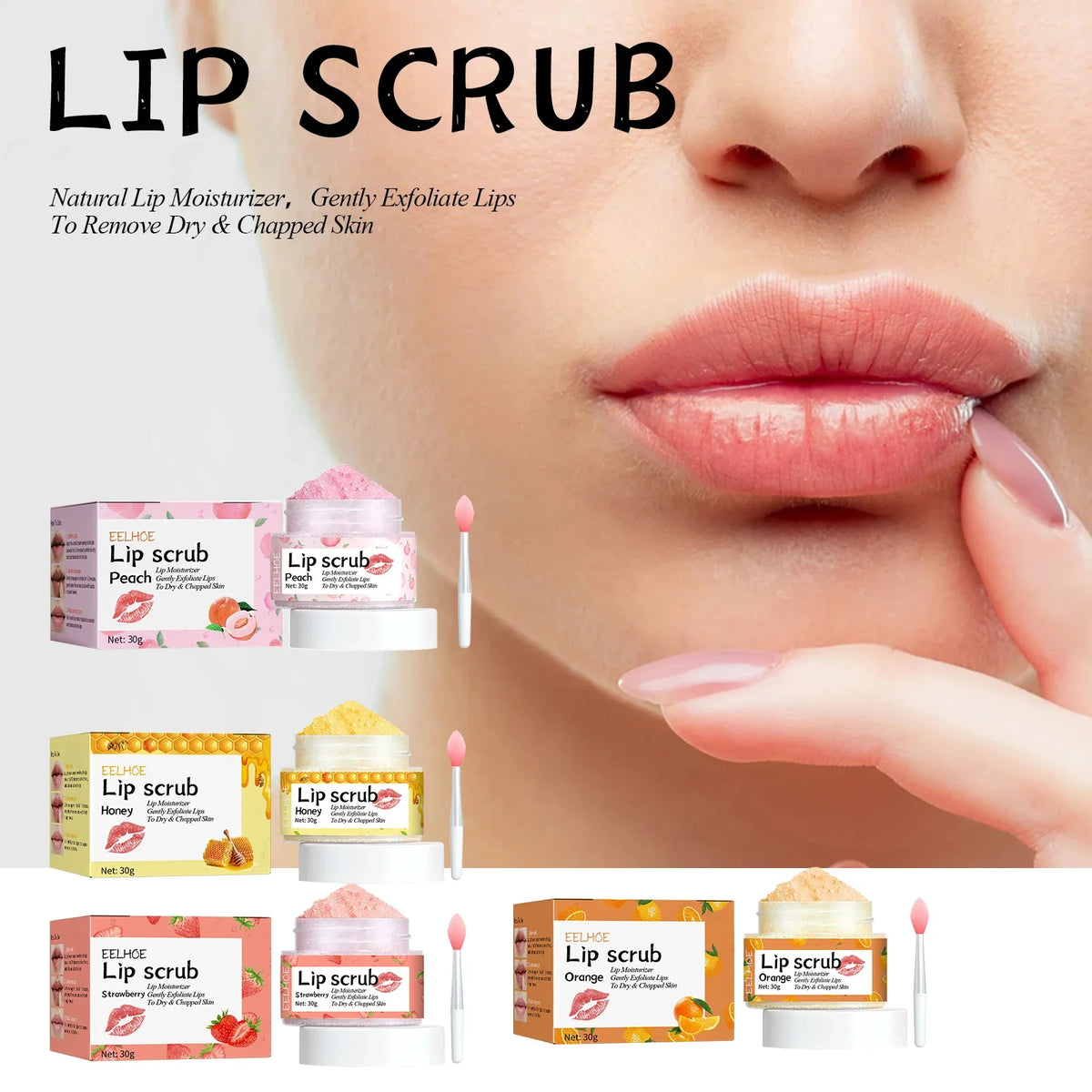 Blushimmer strawberry and orange lip scrub with honey, exfoliating and moisturizing for bright, smooth lips.