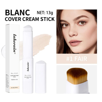 Blushimmer color changing foundation stick with high coverage, waterproof base makeup, dual-ended design, and brush attachment.
