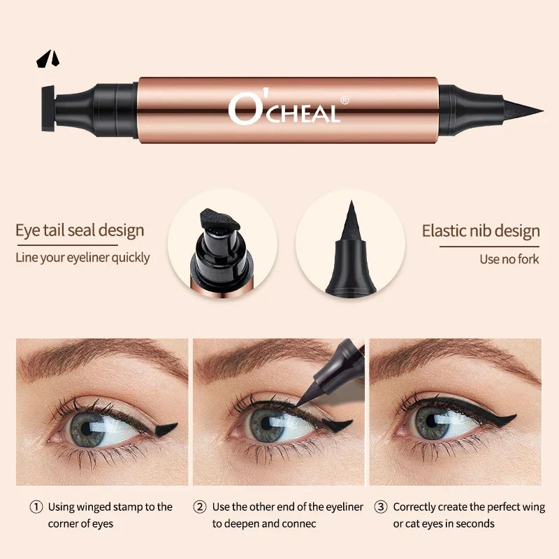 Black liquid eyeliner pen with dual tips, waterproof and fast-drying, designed for precise eye makeup by Blushimmer.