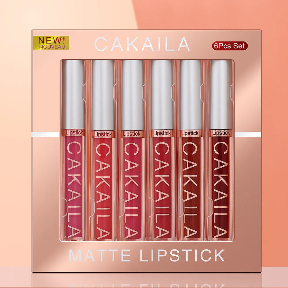 CAKAILA 6-color liquid matte lipstick set by Blushimmer featuring velvet finish, long-lasting waterproof lip glosses for women.