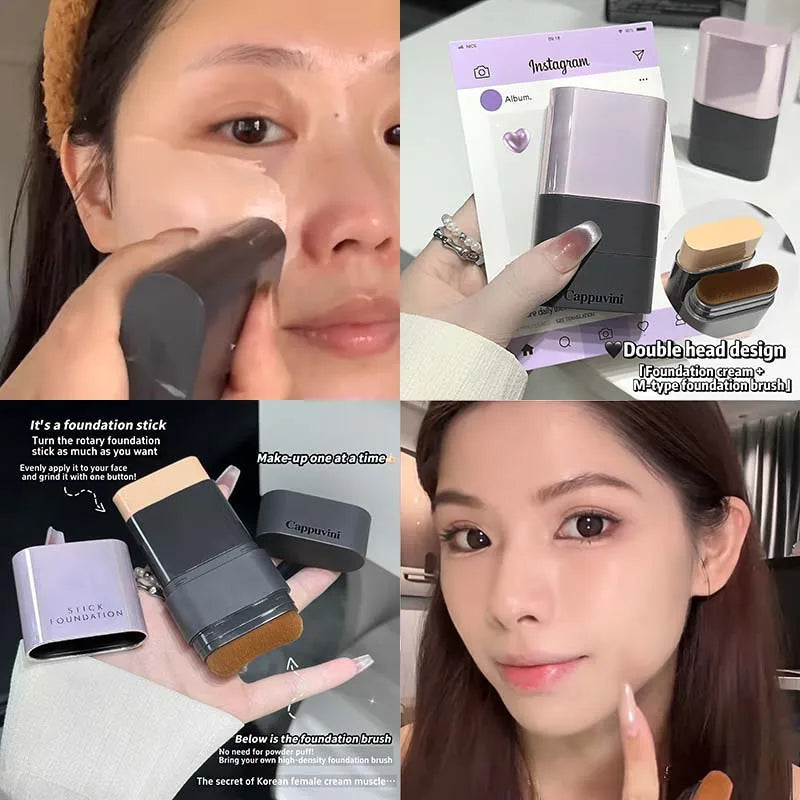 Blushimmer 2-in-1 concealer and foundation stick with full coverage for acne scars, featuring a radiant dewy finish on natural skin.