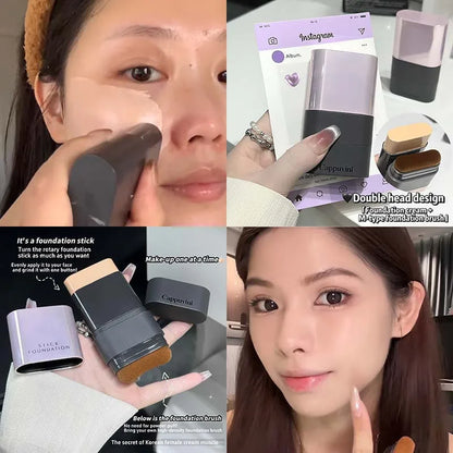 Blushimmer 2-in-1 concealer and foundation stick with full coverage for acne scars, featuring a radiant dewy finish on natural skin.