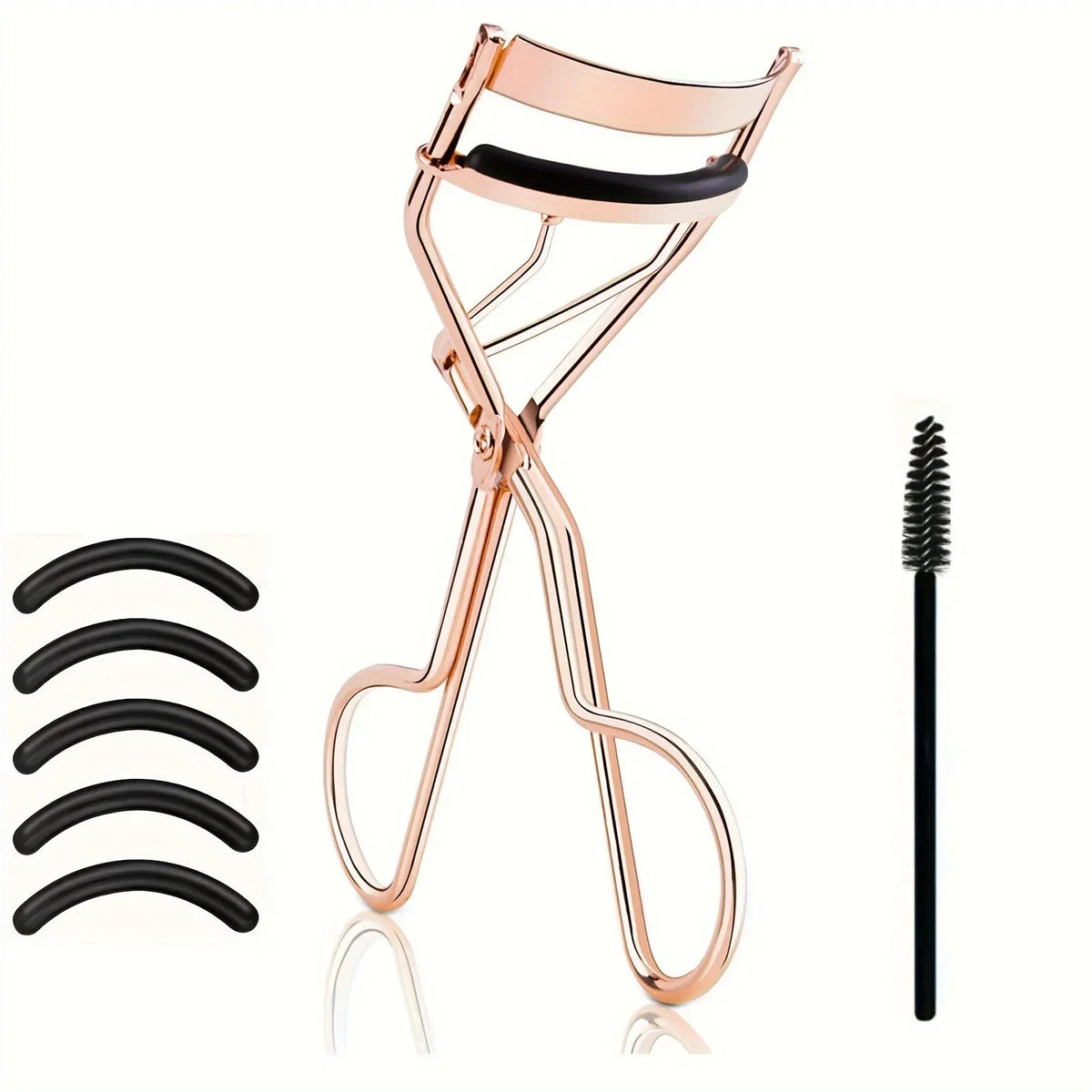 Blushimmer eyelash curler set with replacement pads, tweezers, clips, mascara wands, and makeup brushes for women.