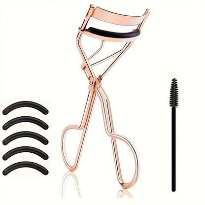 Blushimmer eyelash curler set with replacement pads, tweezers, clips, mascara wands, and makeup brushes for women.