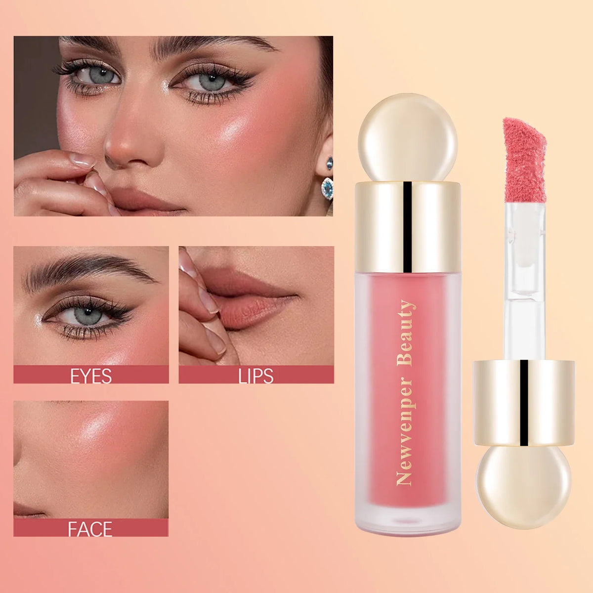 Blushimmer liquid highlighter, blush, and contour set with high-gloss finish for face and body, natural glow makeup.