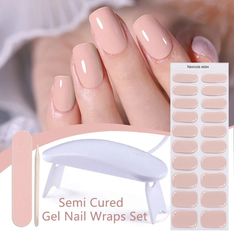Blushimmer Harunouta 4-piece set of gradient jelly semi-cured gel nail strips in nude pink with waterproof, long-lasting nail stickers and lamp.