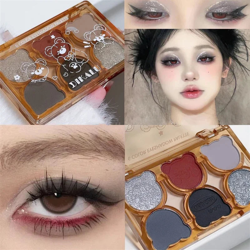 Blushimmer 6-color matte eyeshadow palette with shimmering shades in smoky gray, red, black, and wine red eye makeup.