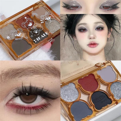 Blushimmer 6-color matte eyeshadow palette with shimmering shades in smoky gray, red, black, and wine red eye makeup.