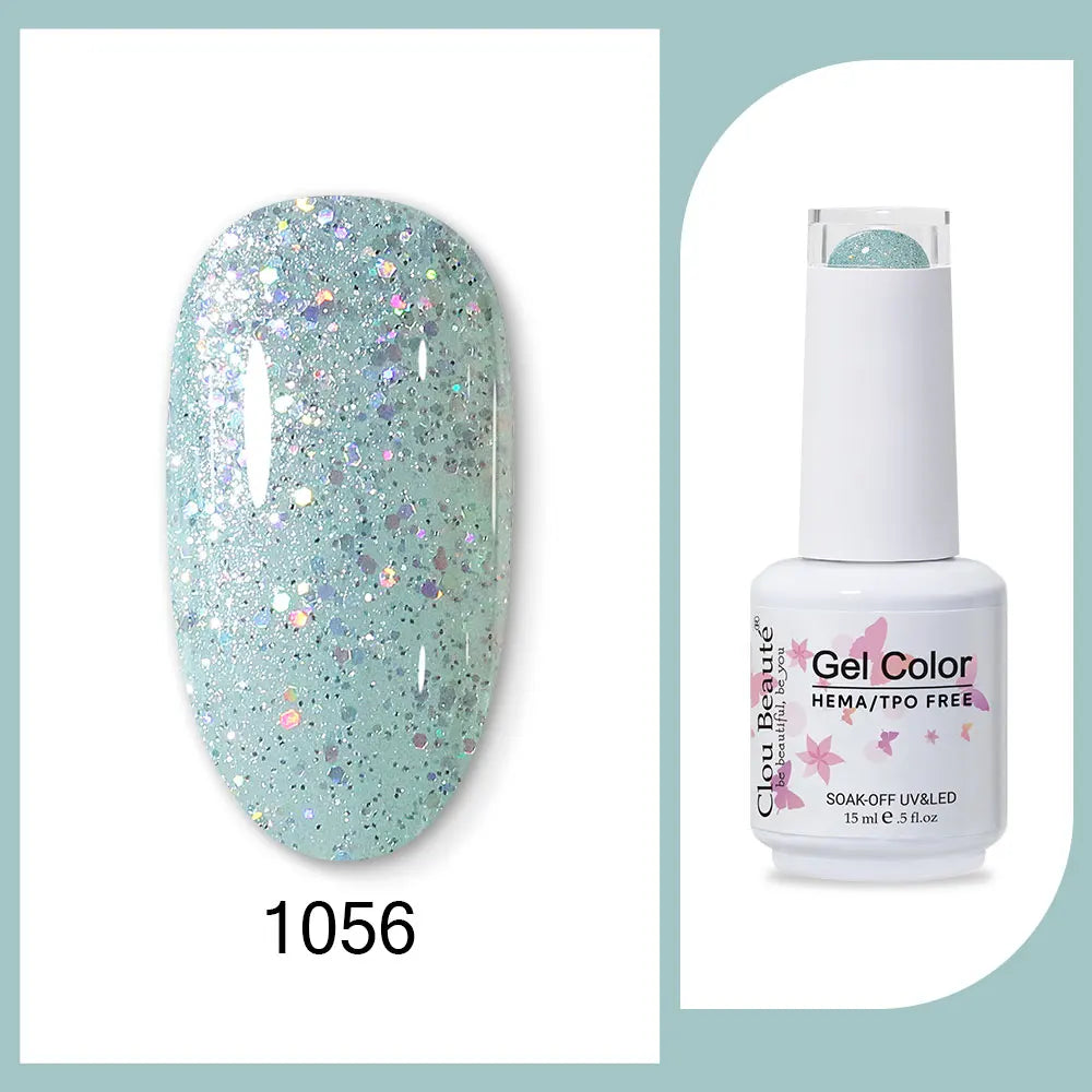 Blushimmer Clou Beaute 15ml neon red, black, white, green semi-permanent gel nail polish with velvet top coat on a nail display.