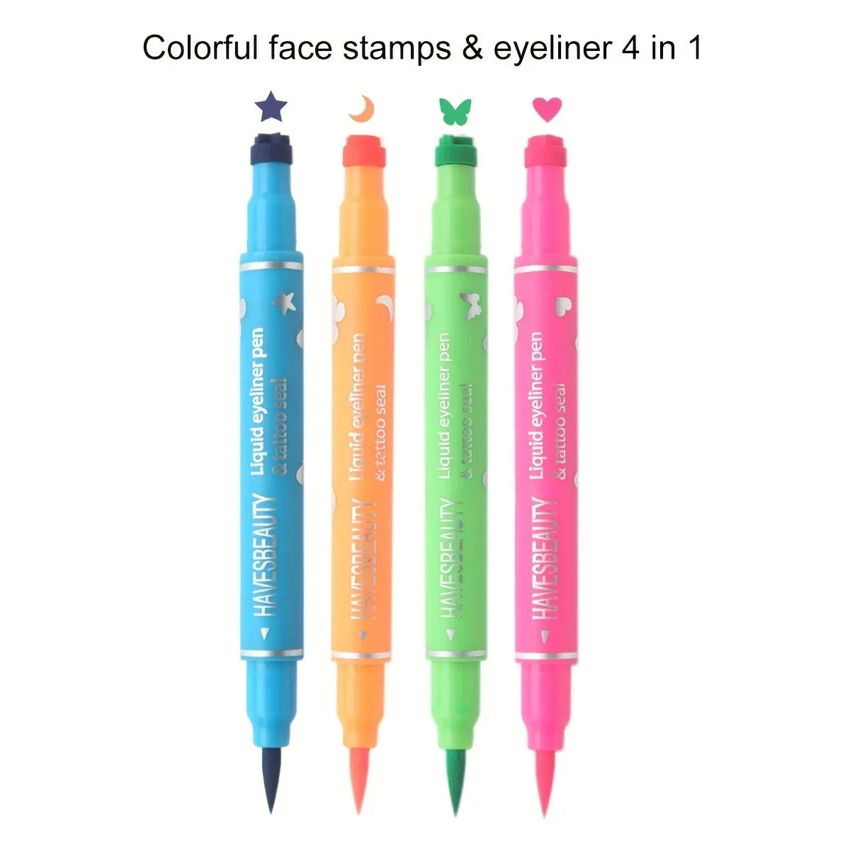 Blushimmer double-head liquid eyeliner set with four waterproof styles featuring star, heart, moon, and butterfly designs.