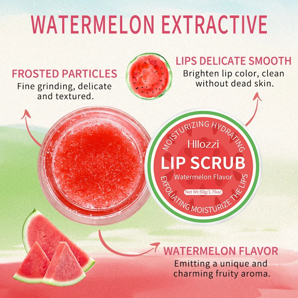 Blushimmer Hllozzi 50g jojoba oil lip scrub with watermelon, coconut, and apple for hydrating, moisturizing, and gentle exfoliation.