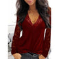 White and black lace V-neck T-shirt for women, featuring stitching details, slim fit, and casual style for spring and summer.
