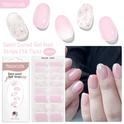 Blushimmer Harunouta 16-strip gradient red marble gel nail strips with gold lines, semi-cured gel polish stickers for DIY nail art.