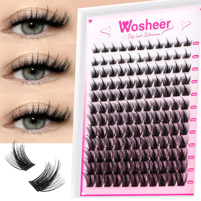 Blushimmer WOSHEER eyelash clusters kit with faux mink lashes, lash bond, seal, and remover for DIY eyelash extension application.