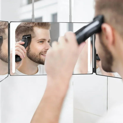 Blushimmer 3-way LED makeup mirror with lights, height-adjustable hooks, and 360° rotation for DIY haircuts and makeup application.