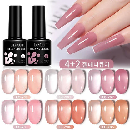 LILYCUTE Blushimmer 6-piece set of 7ml translucent gel nail polishes in pink and nude shades for semi-permanent manicure.