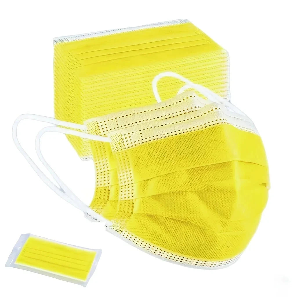 200-pack yellow disposable protective masks with 3-layer thick, breathable design, adjustable ear loops, and snug nose pads for comfortable wear