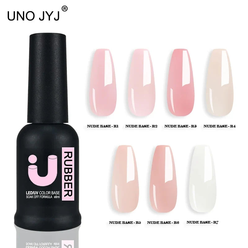 Blushimmer UNO JYJ nude rubber base gel polish for semi-permanent nails, natural finish, UV-resistant, 7 color options.