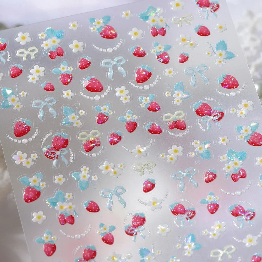 Cute Juicy Red Cherry Bowknot 5D nail art stickers with shiny crystals and rhinestones, perfect for DIY manicure decoration.