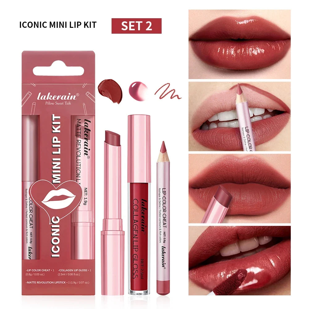 Blushimmer 3-piece lipliner, lipstick, and lip gloss set featuring waterproof, long-lasting matte lip makeup in mini travel sizes.