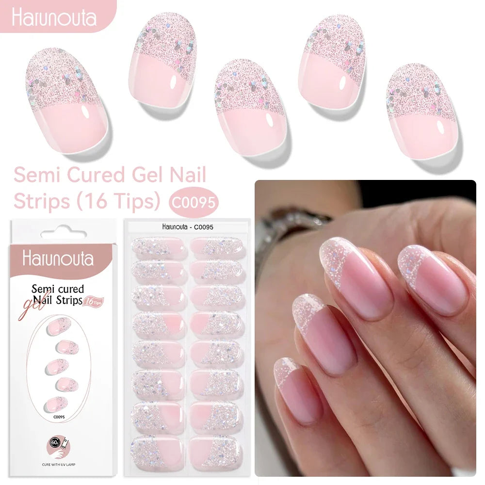 Blushimmer Harunouta 16-strip gradient red marble gel nail strips with gold line for DIY gel polish application on nails.