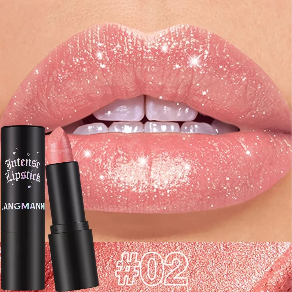 Blushimmer metallic glitter lipstick in chocolate brown with shimmering pearl finish, long-lasting, waterproof, non-fade lip gloss makeup