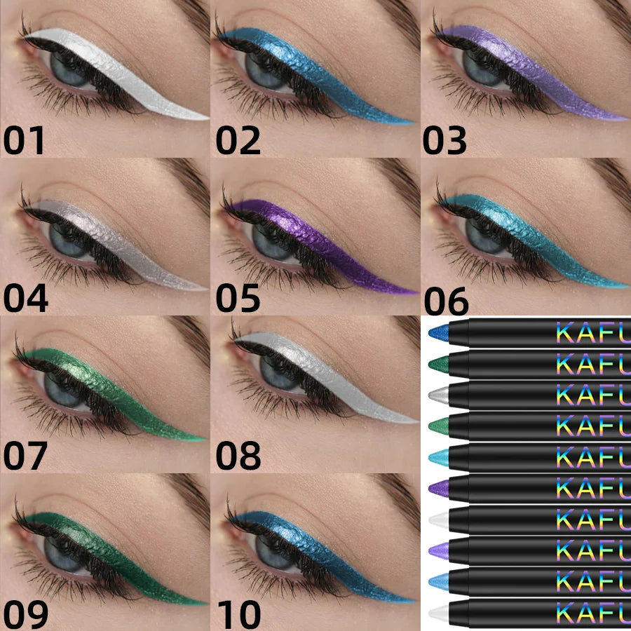 Colorful metallic eyeliner pen with high pigmentation, waterproof shimmer, and gothic style, perfect for smokey or punk eye makeup.