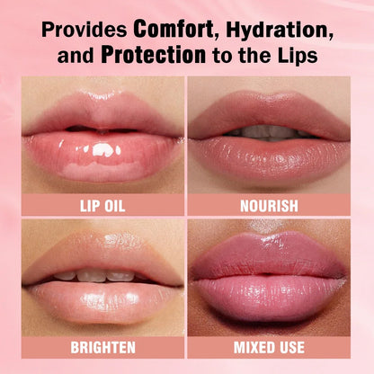 Transparent crystal jelly lip gloss by Blushimmer with mirror-like finish and plumping, moisturizing lip care in a glass container.