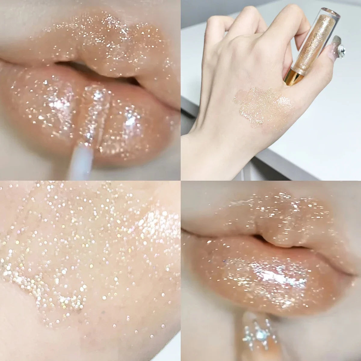 Blushimmer water-glossy lip gloss with moisturizing, plumping formula and sparkling finish on smooth, glossy lips.