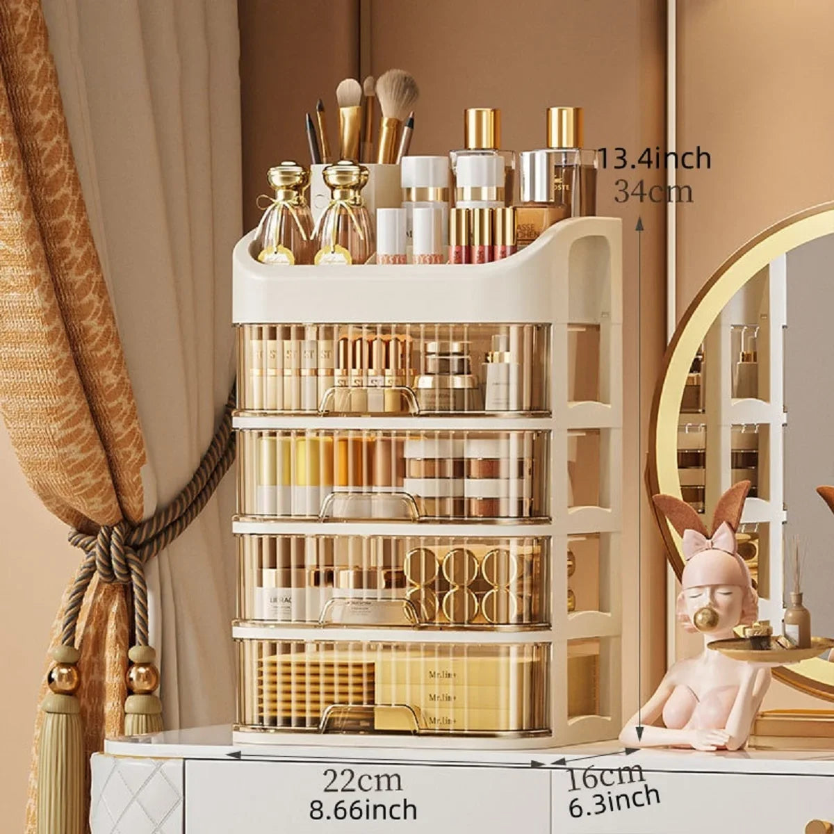 Multi-layer Blushimmer makeup storage box with compartments for skincare, eyeshadow, lipstick, and lotions, ideal for dresser or bathroom.