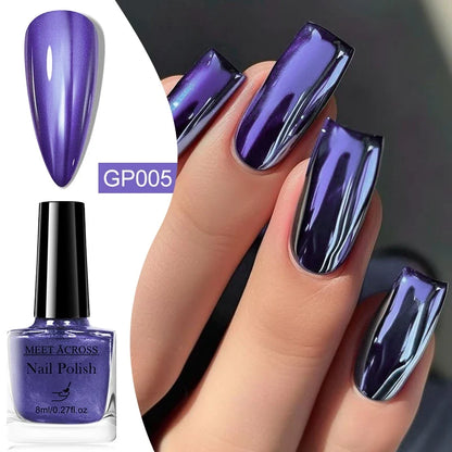 Blushimmer metallic nail polish in 8ml bottle with mirror finish, featuring long-lasting, air-dry, salon-quality soak-off gel for DIY manicures.