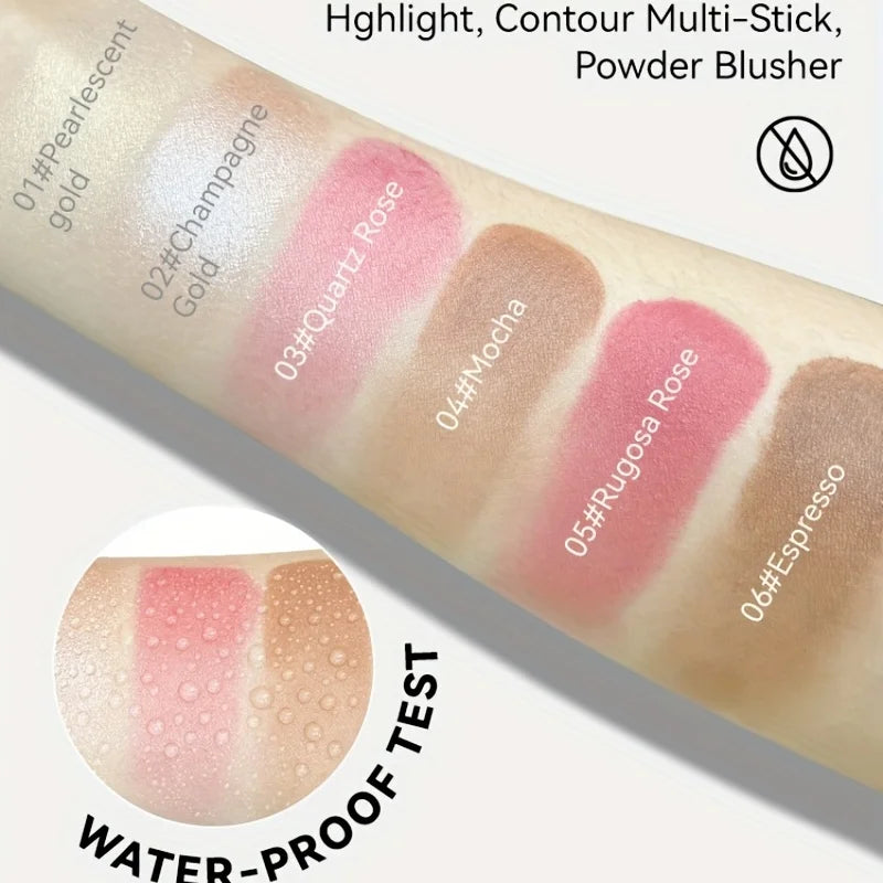 Blushimmer cream contour sticks with highlighter, bronzer, and blush for face contouring, non-greasy, water-resistant face makeup.
