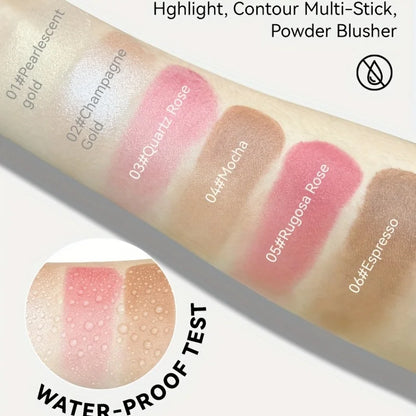 Blushimmer cream contour sticks with highlighter, bronzer, and blush for face contouring, non-greasy, water-resistant face makeup.