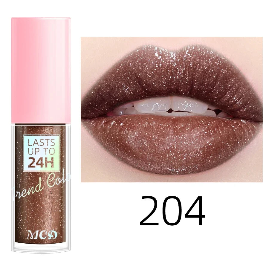 Blushimmer 18-color glitter lip gloss in a clear tube, showcasing a shimmering, moisturizing liquid lipstick with a doe-foot applicator.