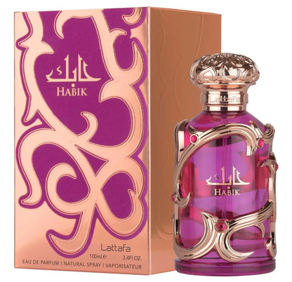 Blushimmer Lattafa Habik Eau de Parfum spray for women, 3.4 oz, featuring floral, fruity, fresh, musky scent in a sleek bottle.